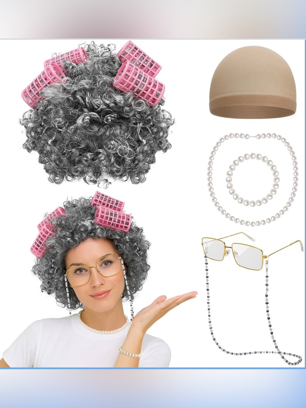 Old Lady Women Girls Costume Wig Glasses Necklace Bracelet Rollers Accessories